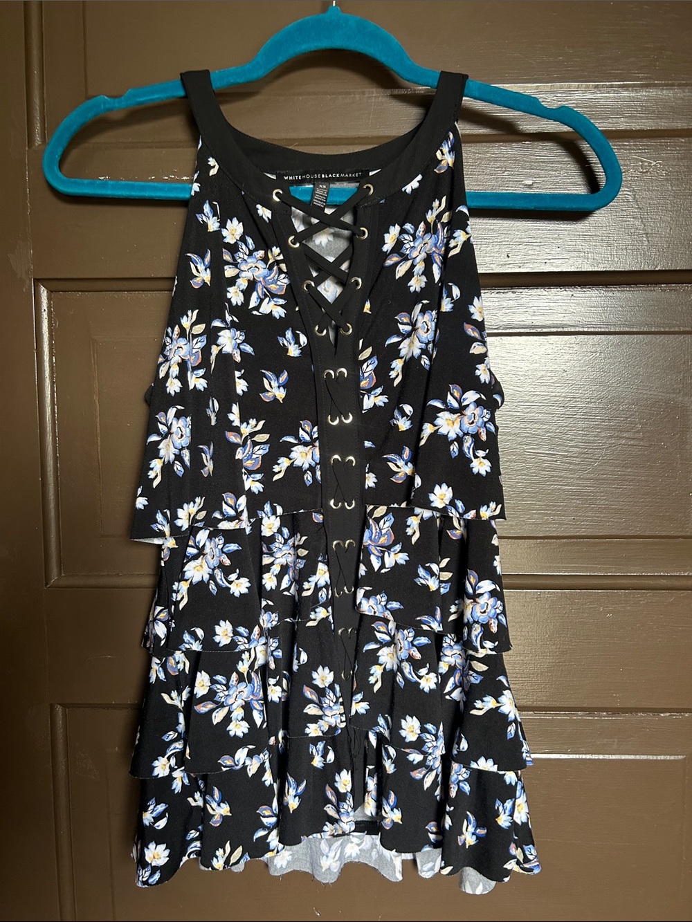 White House Black Market Black Floral Lace-Up Front Top